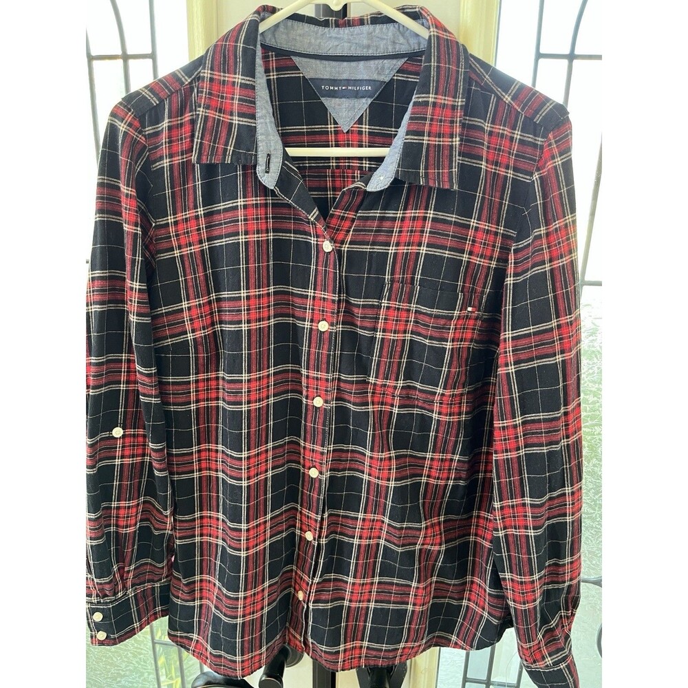 Tommy Hilfiger Women's Polo Shirt Small Red Plaid Long Sleeve Cotton Casual